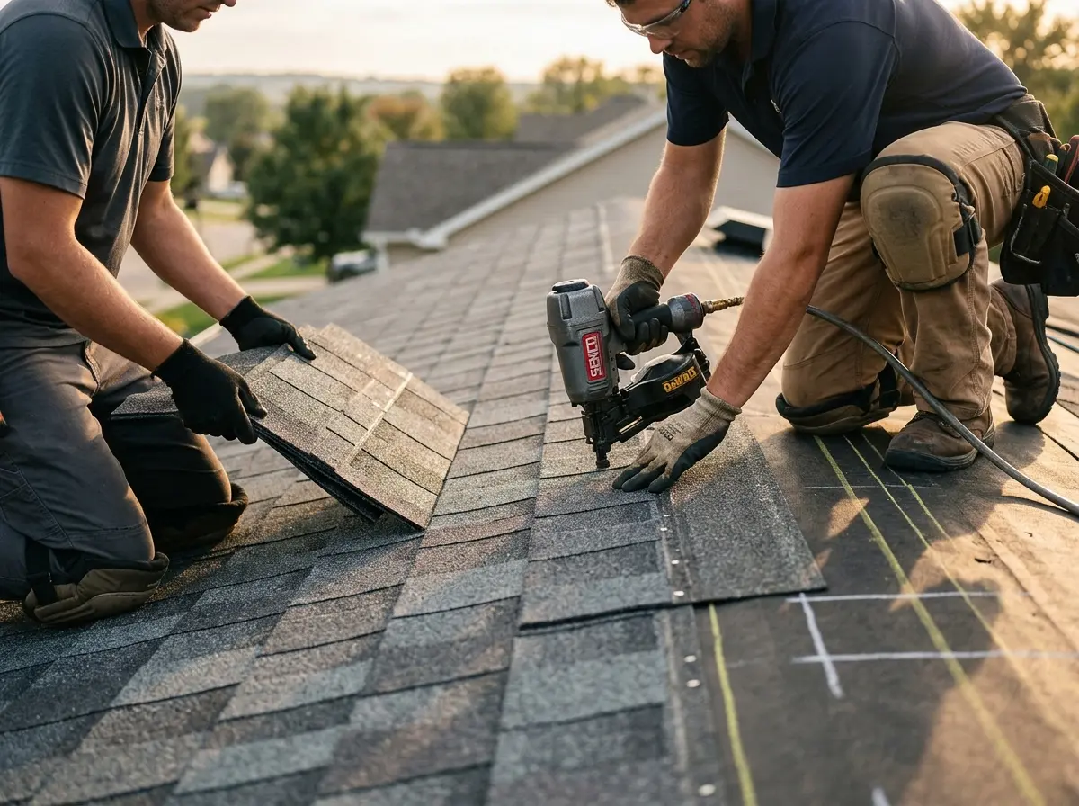 Professional roofer working on a residential roof in Bucksport
